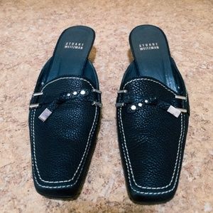 Stuart Weitzman Black Leather Slip on Mules Shoes